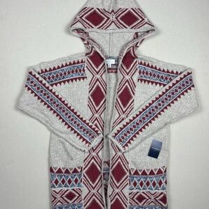 NWT Lucky Brand Women S Beige Red Long Cardigan Southwest Open Aztec Boho Chunky